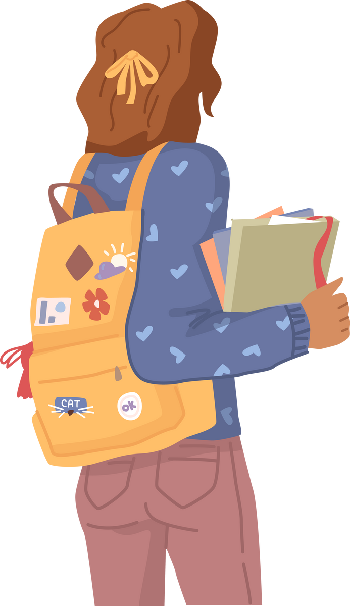 Back view of girl college student on way to school