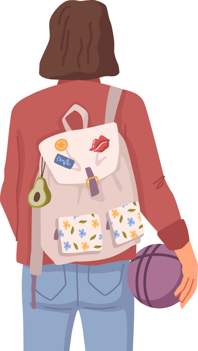 Back view of girl student with backpack and ball