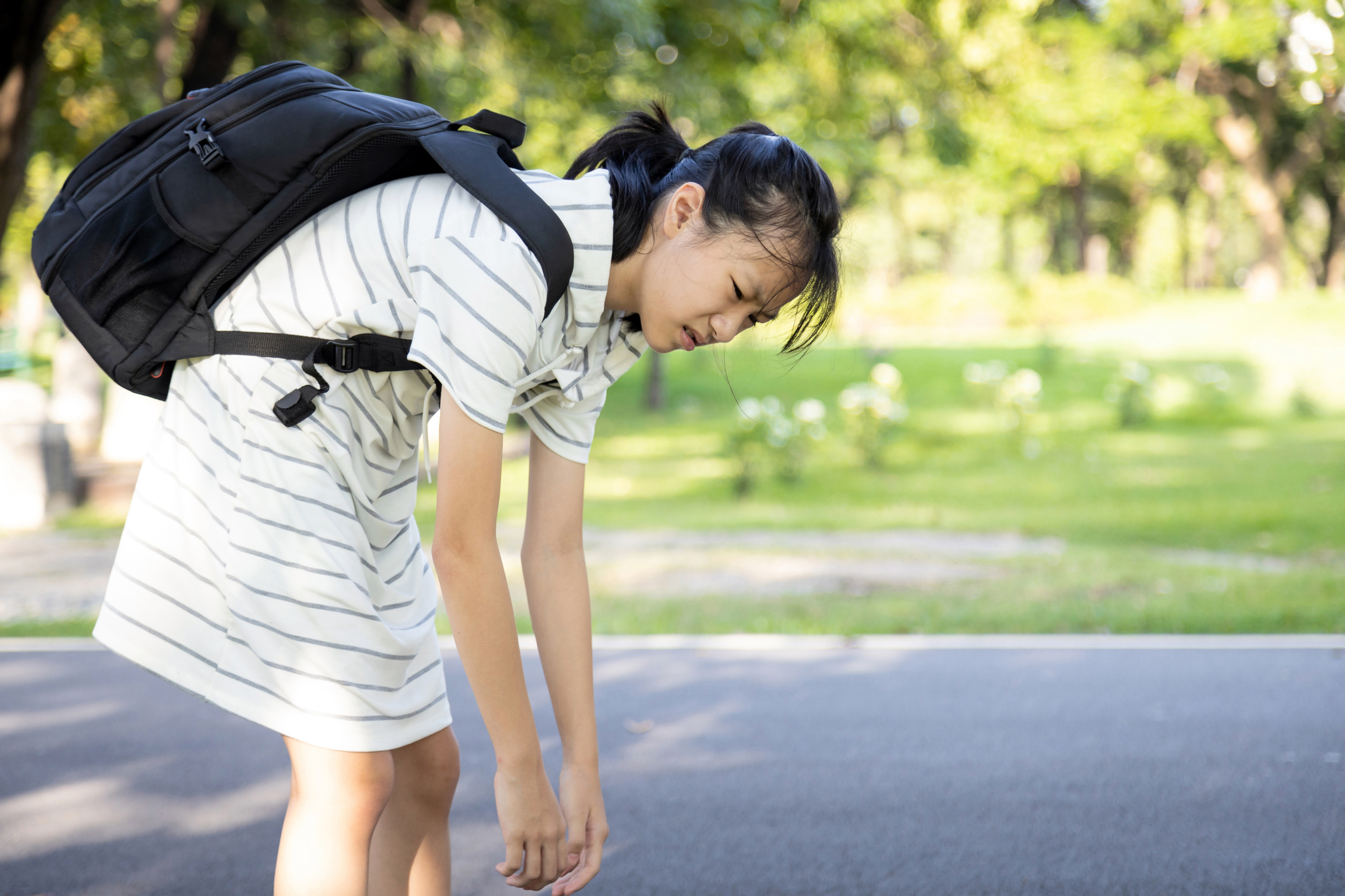 Stress Asian Child Girl Carrying Heavy School Bag or Backpack, F